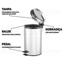 Lixo Lixeira Redonda 5 Litros Aço Inox Balde Cesto Removível Alça Pedal Para Banheiro Escritório Lavabo Cozinha Fraldas Bebe Casa Restaurantes Pet Pia Powermaid