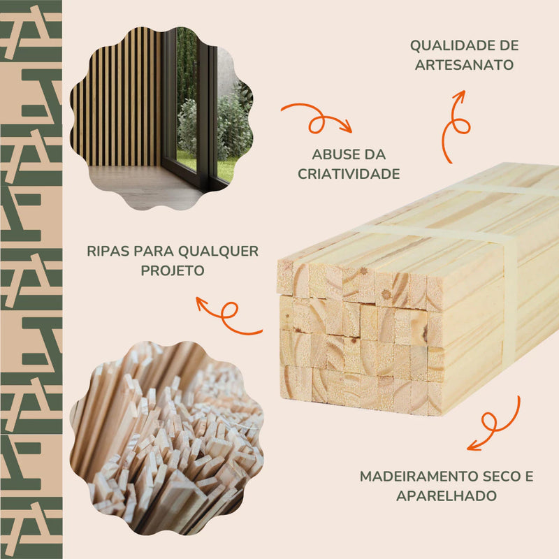 40 Ripas P/ Artesanato Madeira de Pinus Seca e Aparelhada - Painel Ripado Decorações  2x1 (selecione o comprimento)