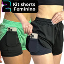 Kit 2 Shorts 2 em 1 Feminino Duplo Com Bolso Interno Para Celular Treino Corrida