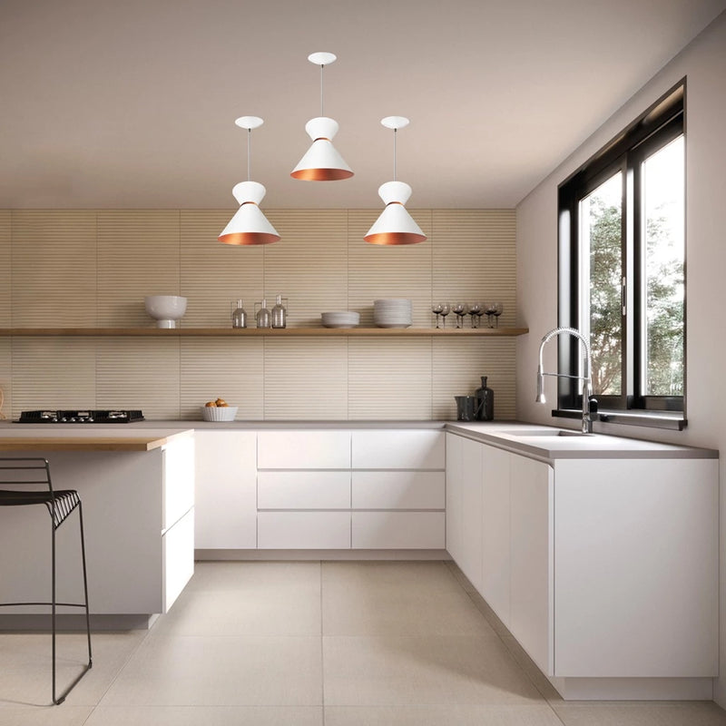 kit com 3 pendentes lustre luxo branco/cobre casa e decoração GR luminarias